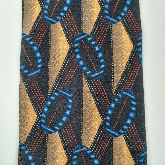 Pavone Brown Blue Geometric Printed 100% Silk Mens Necktie Standard Size - Picture 5 of 6